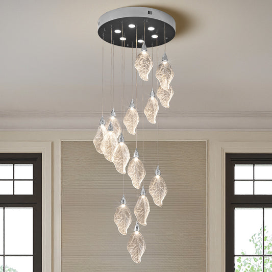 Modern 78 in. H 14Light Integrated LED Silver Crystal Staircase Chandelier Bionic Leaf High Ceiling LED Lighting Fixture