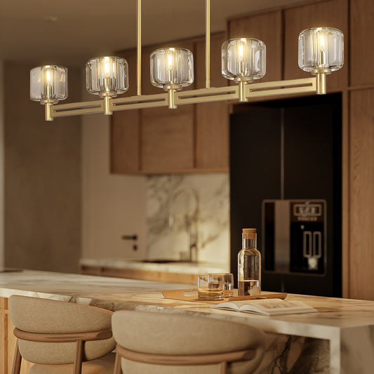 54 in. 5-Light Gold Farmhouse Linear Chandelier with Crystal Lampshade for Dining Room, Living Room and Kitchen Island