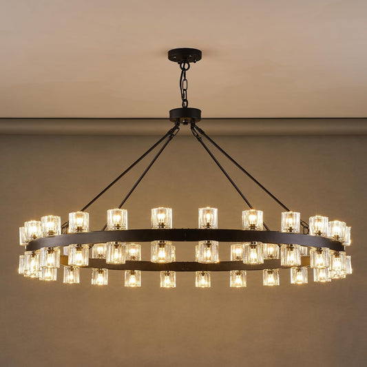 48-Light Black Round Chandelier, 48 in. Modern K9 Crystal Chandelier for Dining Room, Living Room, Foyer
