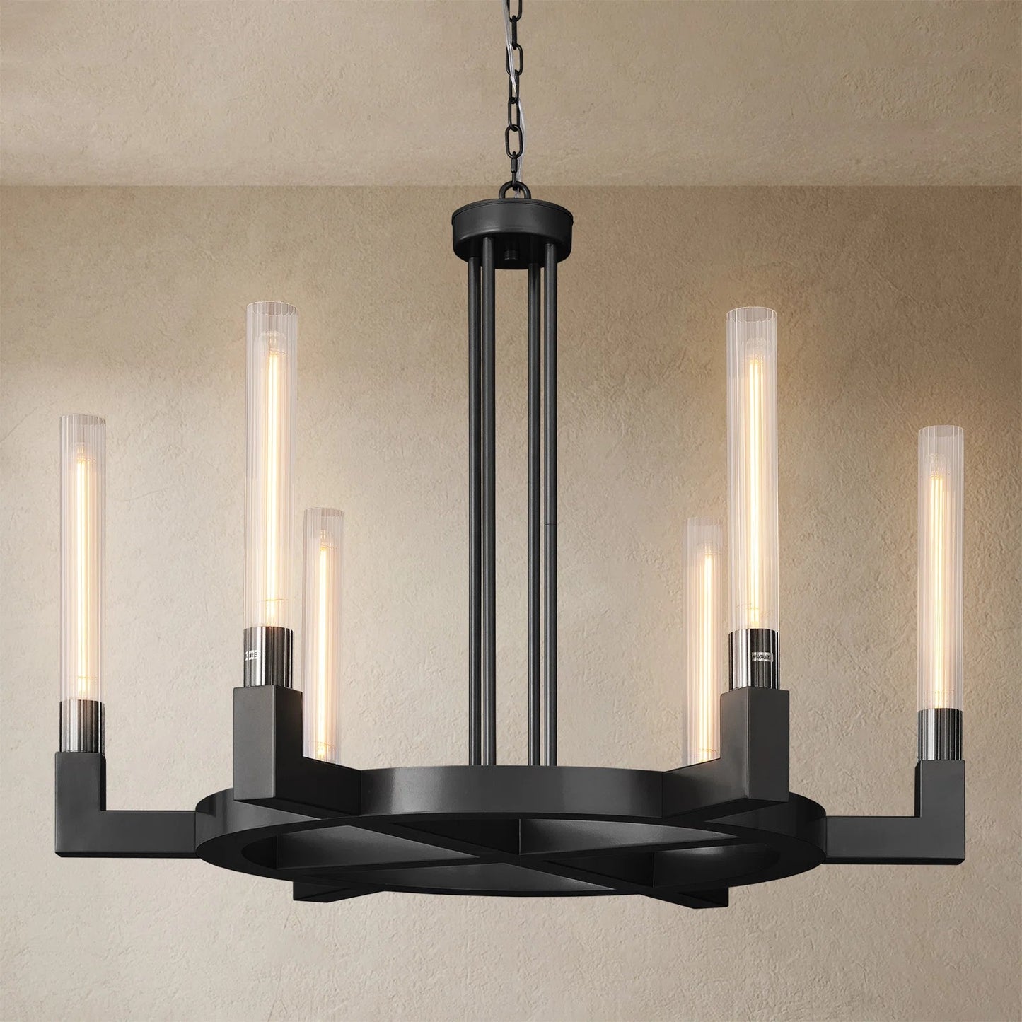 35 in. 6-Light Farmhouse Chandelier, Black Wagon Wheel Chandelier with Glass Tube for Dining Room, Living Room, Entryway