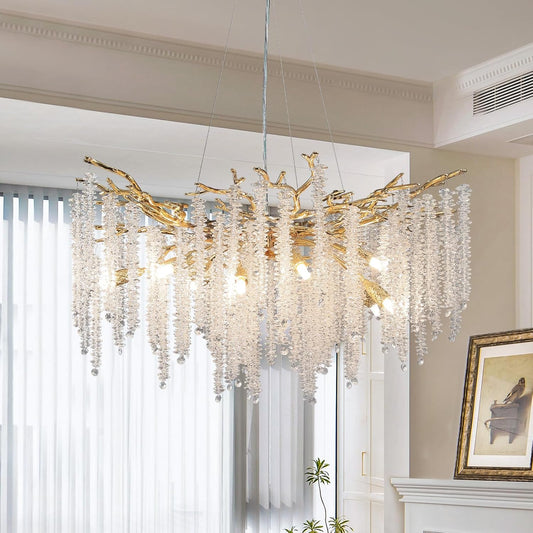 30in. 10-Light Modern Crystal Chandelier, Gold Round Luxury Tree Branch Chandelier for Dining Room, Living Room, Bedroom
