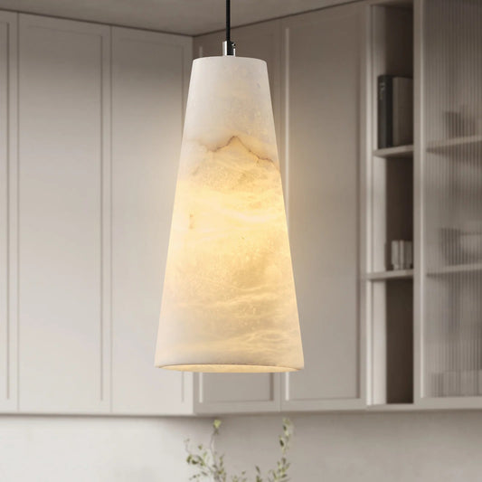 1-Light Black Pendant Light, Conical Natural Alabaster Shade Pendant Light for Dining Room, Kitchen Island Bulb Included
