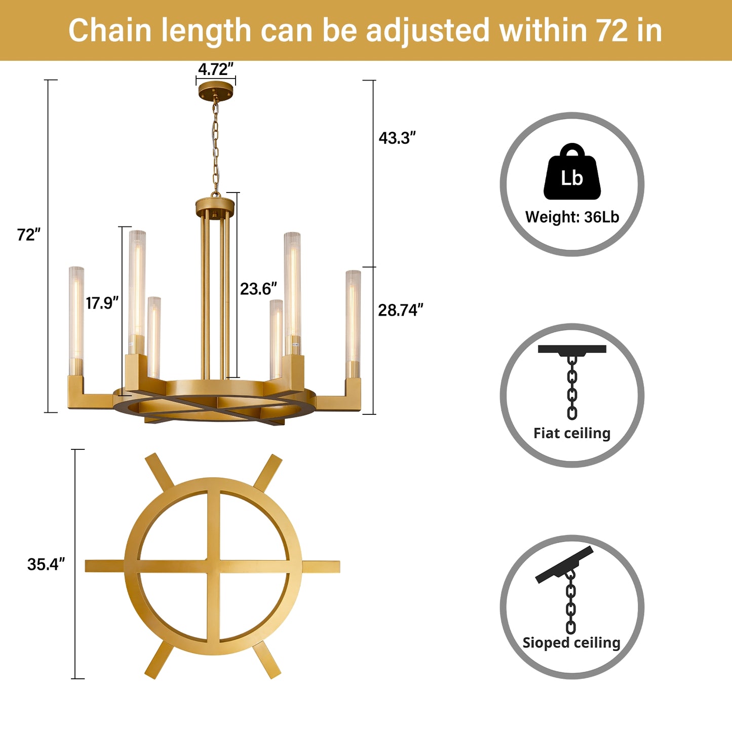 35 in. 6-Light Farmhouse Chandelier, Gold Wagon Wheel Chandelier with Glass Tube for Dining Room, Living Room, Entryway