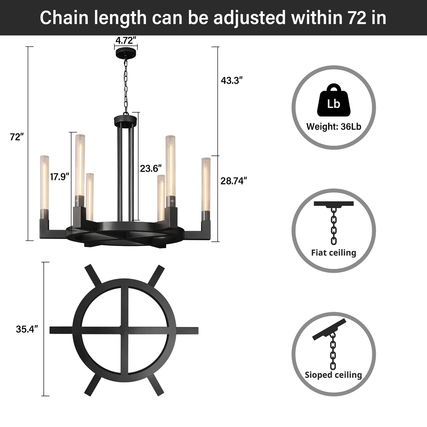 35 in. 6-Light Farmhouse Chandelier, Black Wagon Wheel Chandelier with Glass Tube for Dining Room, Living Room, Entryway