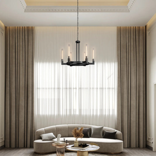35 in. 6-Light Farmhouse Chandelier, Black Wagon Wheel Chandelier with Glass Tube for Dining Room, Living Room, Entryway