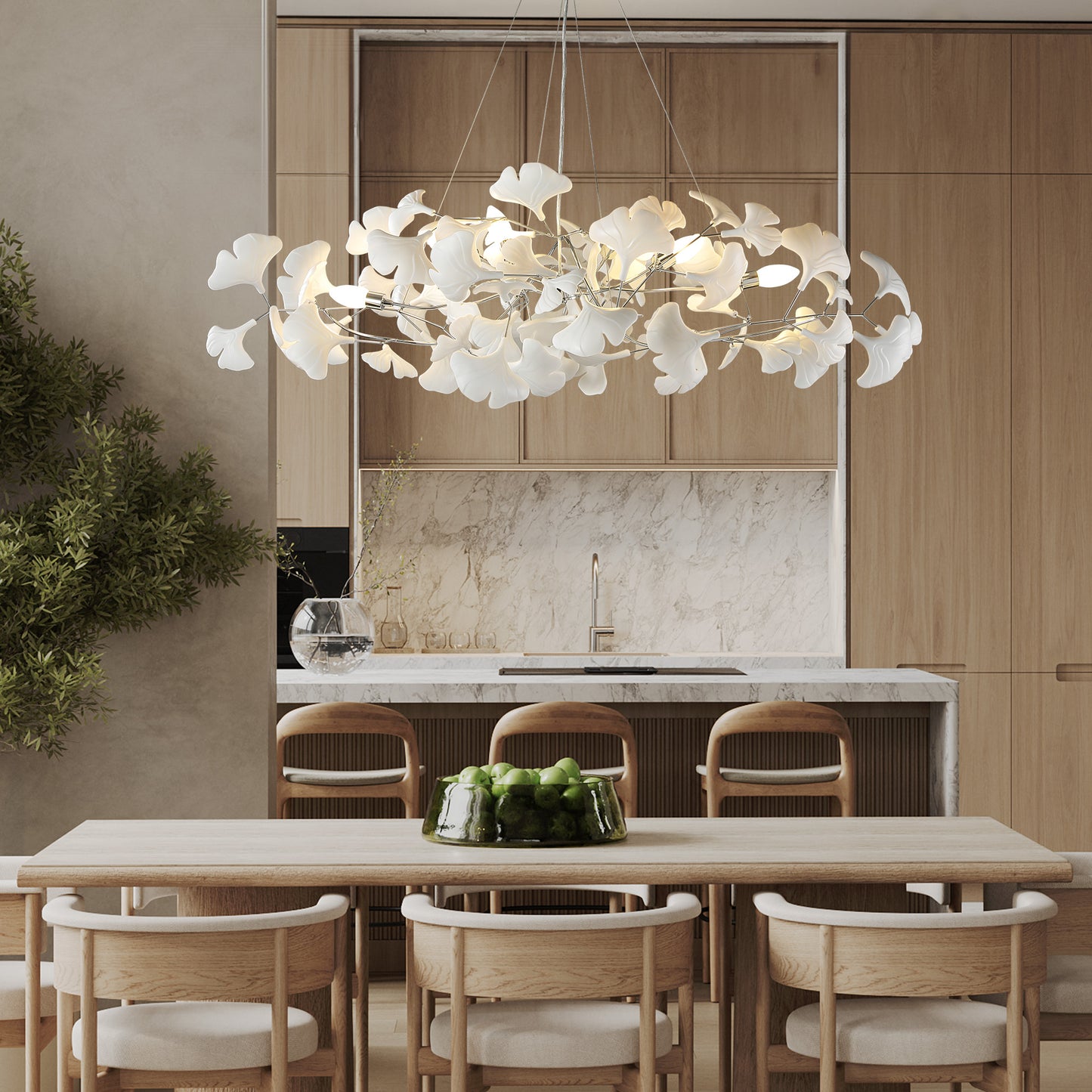6 Light Silver Chandelier, Luxury Ginkgo Branch Chandelier for Living Room, Dining Room, Foyer, Kitchen Island-L47 in.
