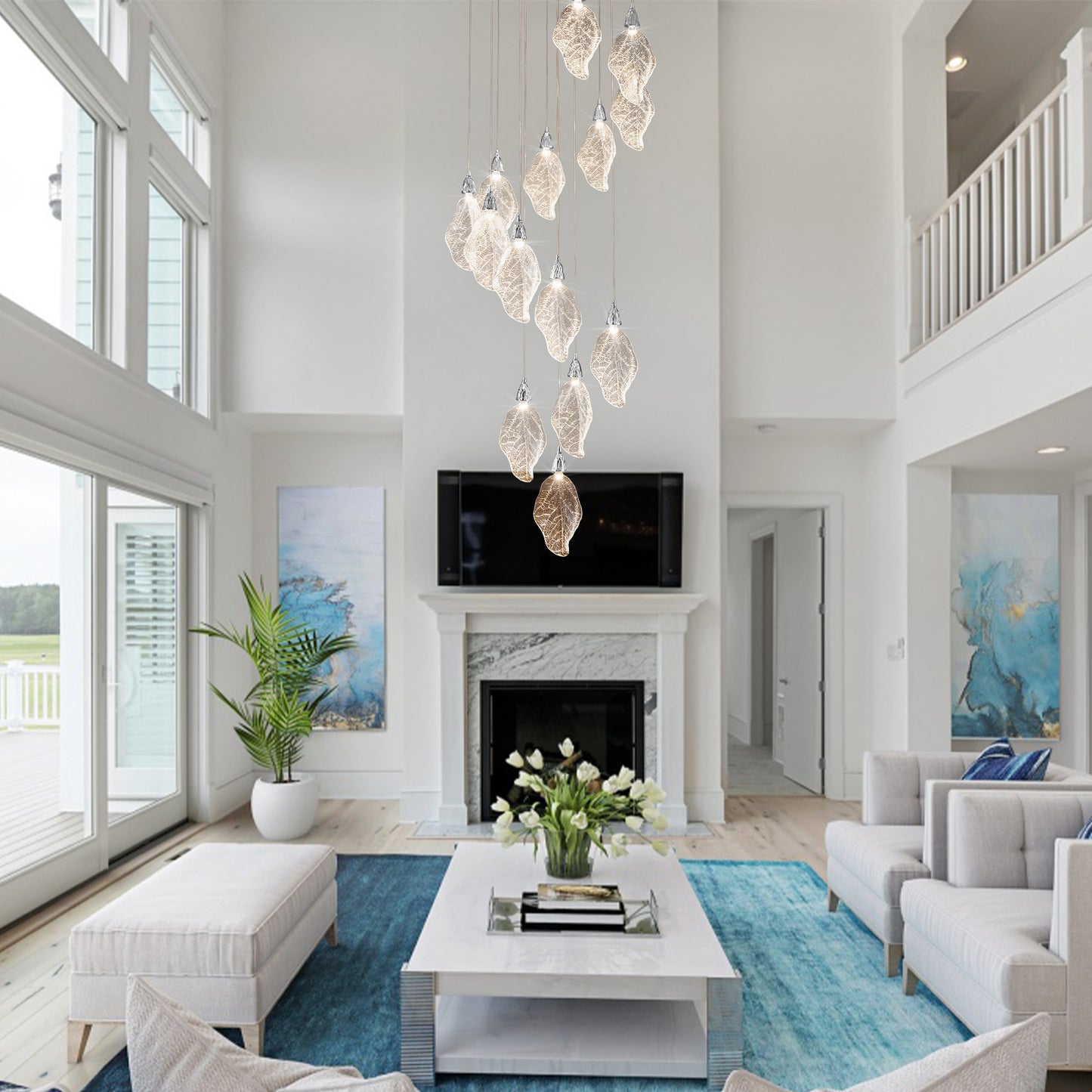 Modern 78 in. H 14Light Integrated LED Silver Crystal Staircase Chandelier Bionic Leaf High Ceiling LED Lighting Fixture