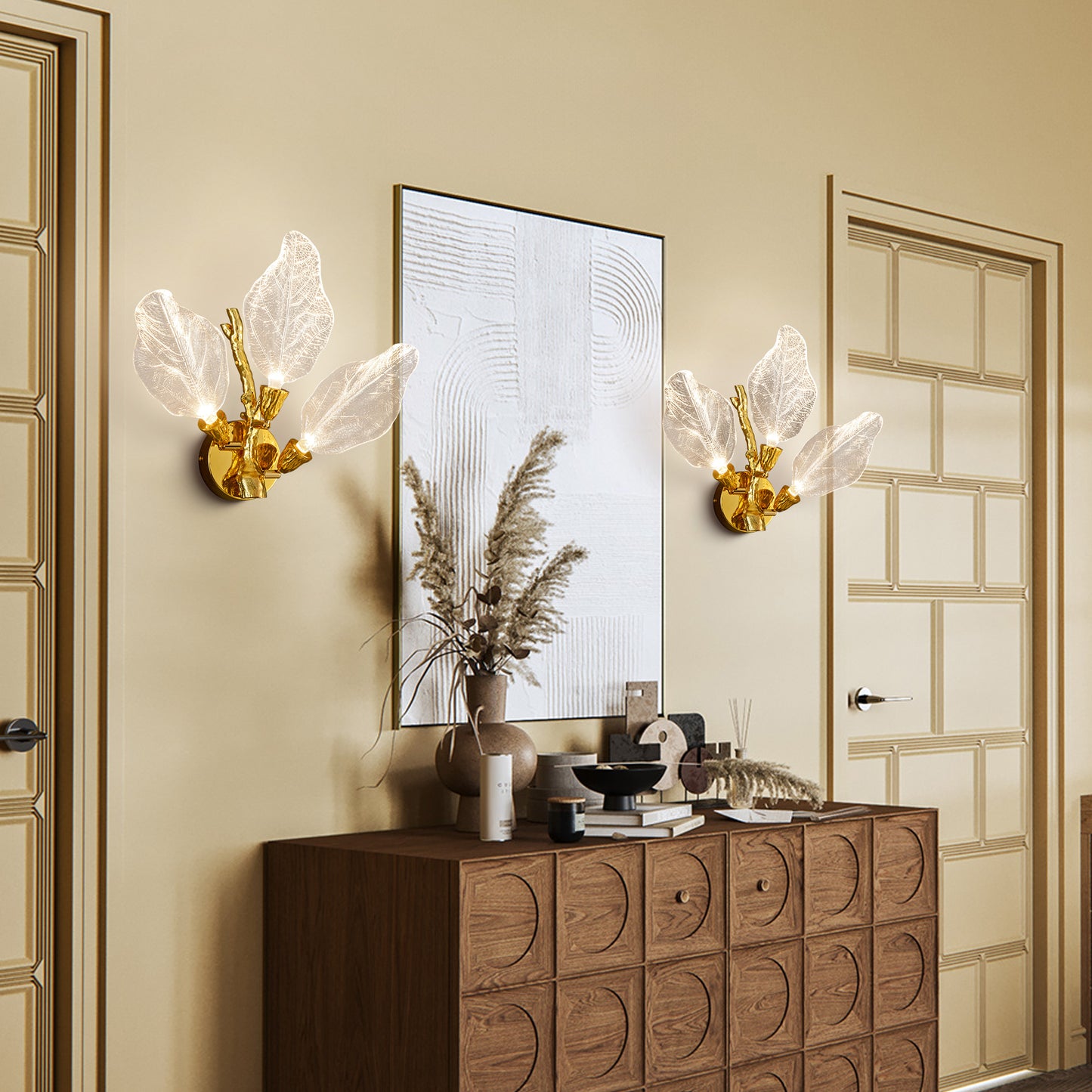 Modern 13.4 in. 3-Light Gold Bionic Leaf Wall Sconce LED Vanity Lighting Fixtures for Bathroom Hallway Living Room Stair