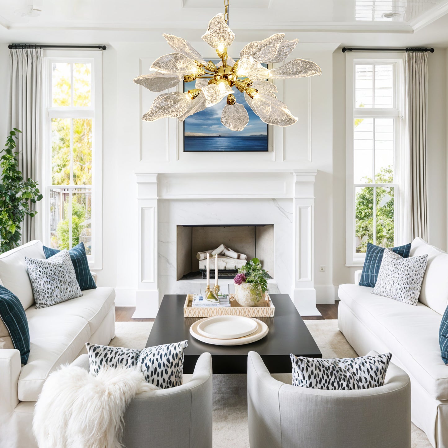 D31.5 in. 18-Light Gold Modern Chandelier, Crystal Leaf Chandelier for Bedroom, Dining Room, Living Room, Foyer