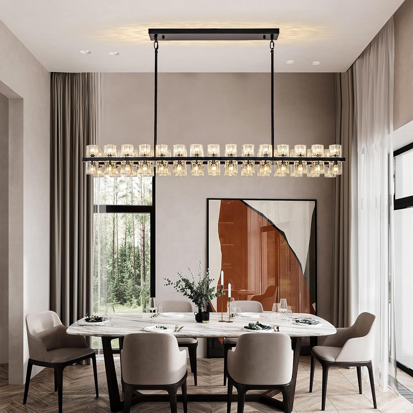 60-Light Black Rectangular Chandelier, 54 in. Modern K9 Crystal Chandelier for Dining Room, Living Room, Foyer