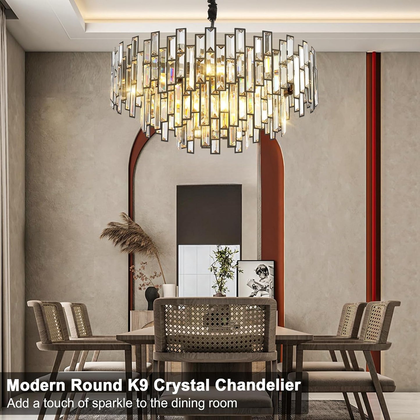 24 in. Modern Chandelier 10-Light 3-Tier Black Round K9 Crystal Chandelier for Dining Room, Living Room Entryway & Foyer