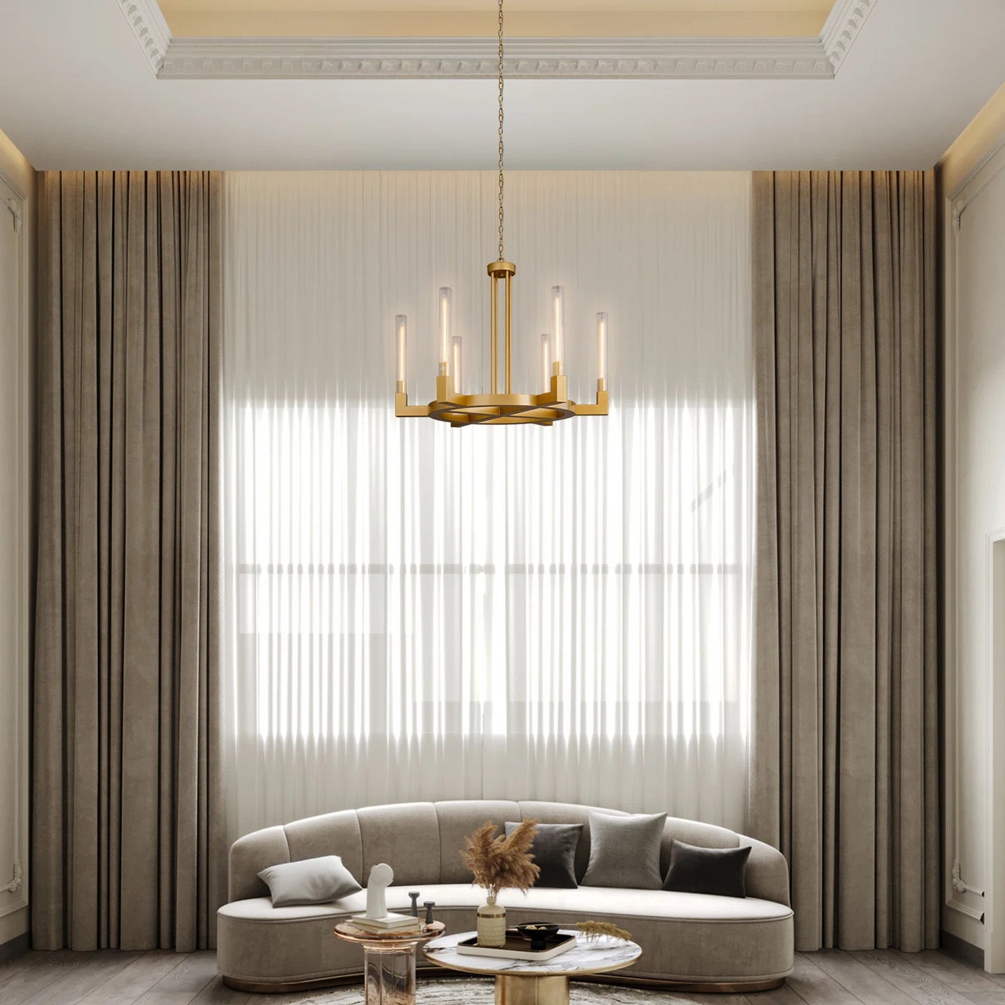 35 in. 6-Light Farmhouse Chandelier, Gold Wagon Wheel Chandelier with Glass Tube for Dining Room, Living Room, Entryway