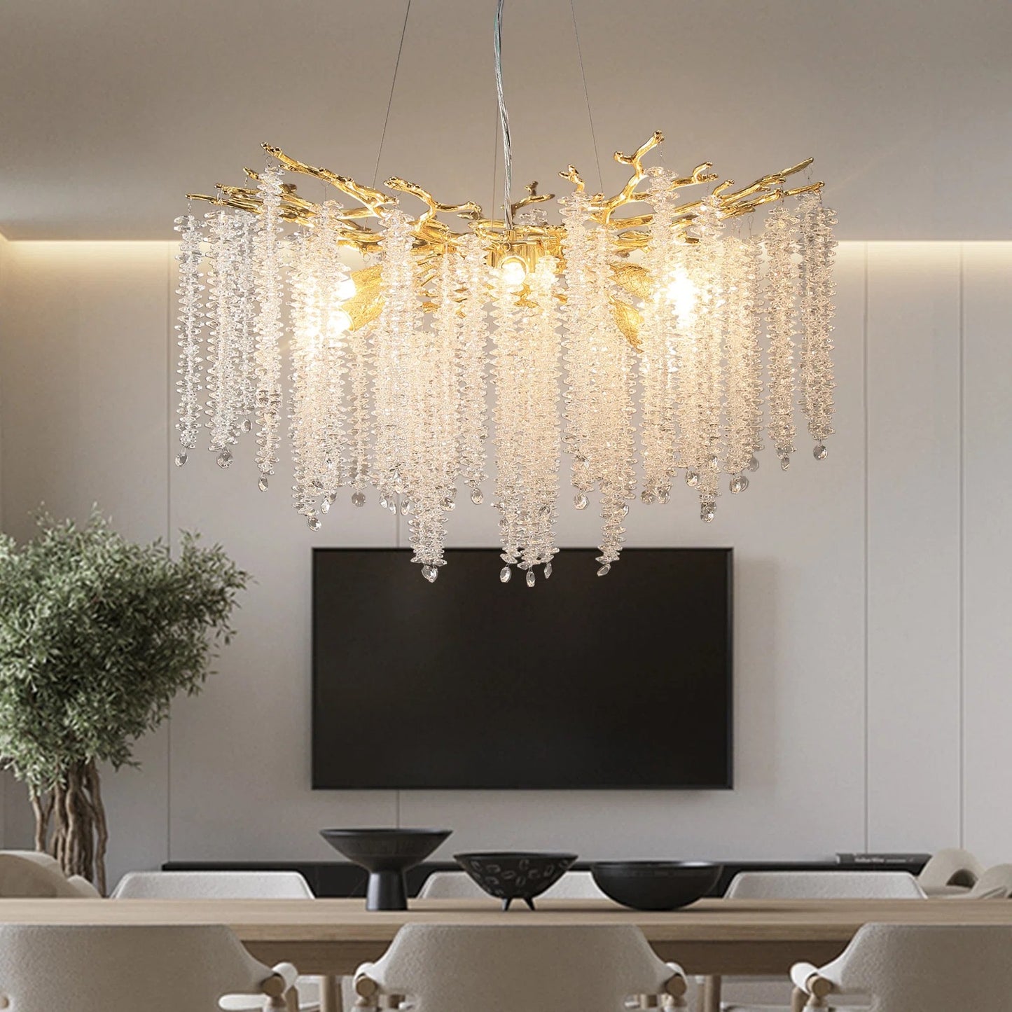 24 in. 8-Light Modern Crystal Chandelier, Gold Round Luxury Tree Branch Chandelier for Dining Room, Living Room, Bedroom