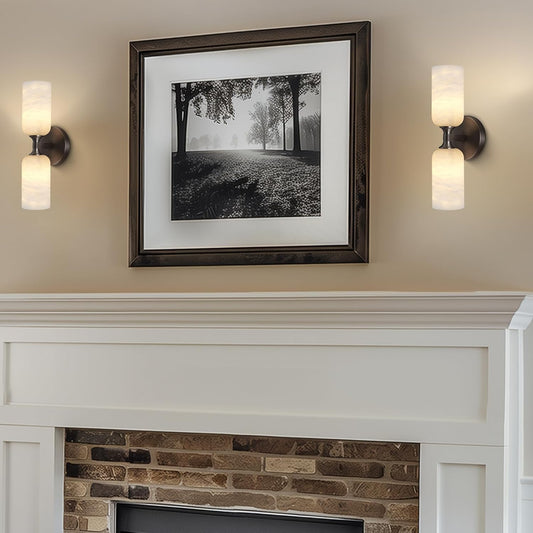 14in. 2-Light Black Modern Natural Alabaster Wall Sconce, Brass Bathroom Sconces for Living Room, Staircase, Hallway