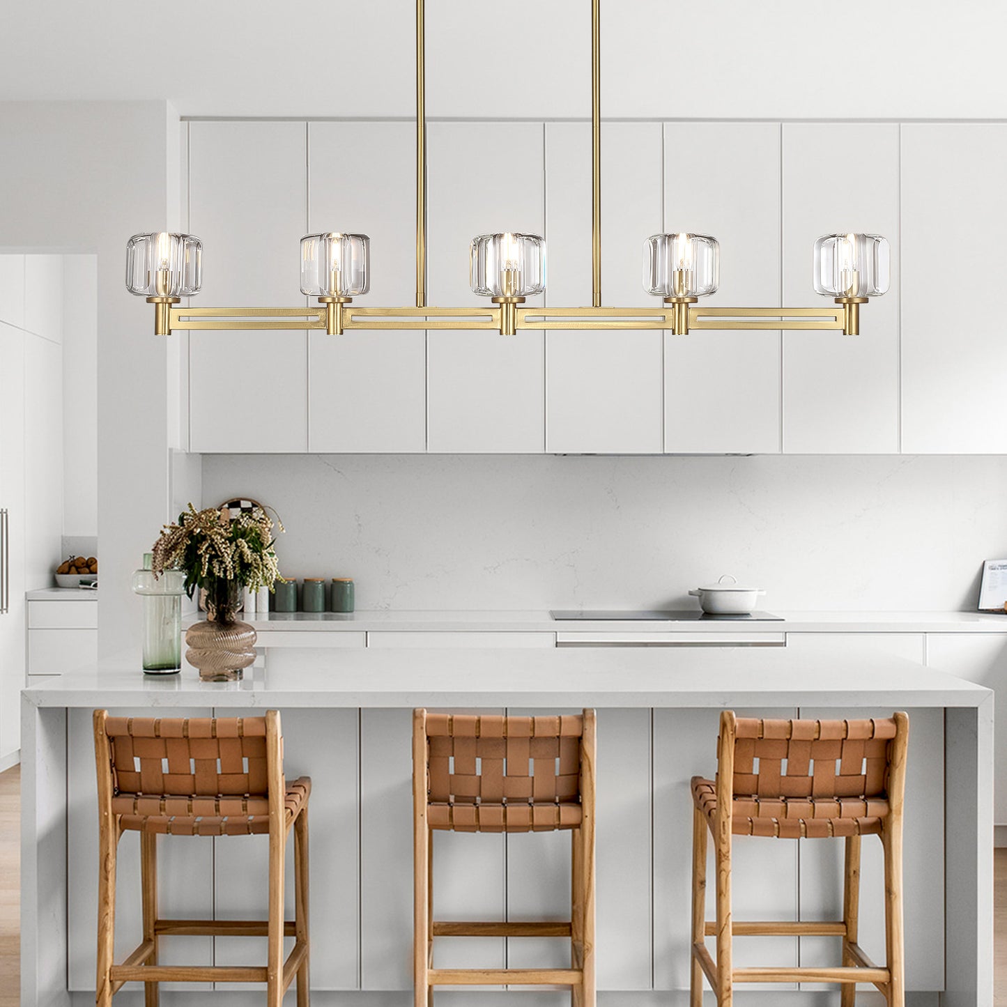 54 in. 5-Light Gold Farmhouse Linear Chandelier with Crystal Lampshade for Dining Room, Living Room and Kitchen Island