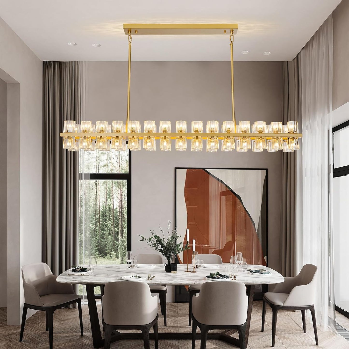 60-Light Gold Rectangular Chandelier, 54 in. Modern K9 Crystal Chandelier for Dining Room, Living Room, Foyer