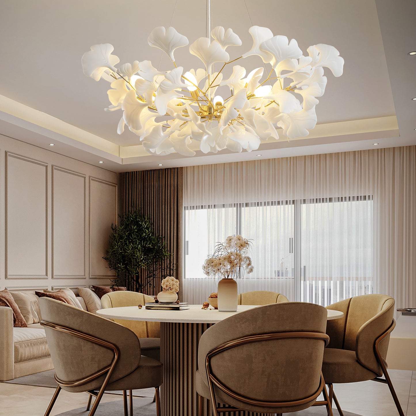 8-Light Gold Chandelier, Luxury Ginkgo Branch Chandelier for Living Room, Dining Room, Foyer, Kitchen Island-L 39 in.