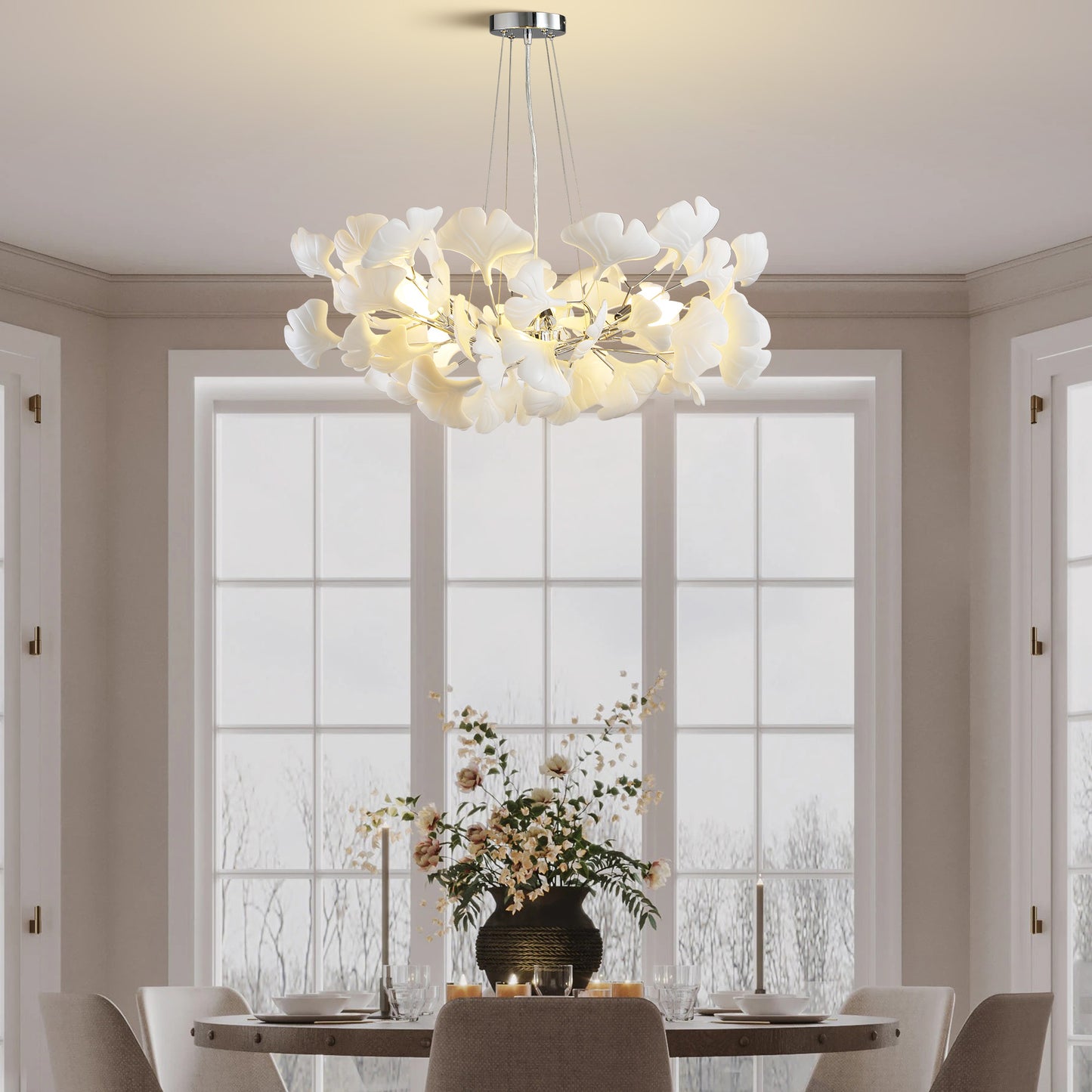 6 Light Silver Chandelier, Luxury Ginkgo Branch Chandelier for Living Room, Dining Room, Foyer, Kitchen Island-L31 in.