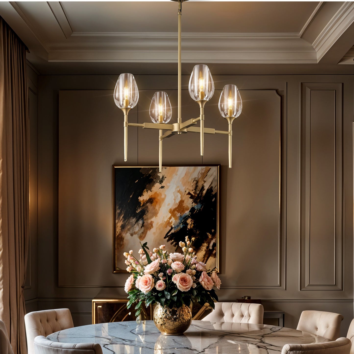 Modern Tulip Chandelier 27 in. 4-Light Gold Tulip Round Chandelier for Dining Room, Living Room, Foyer, Hallway