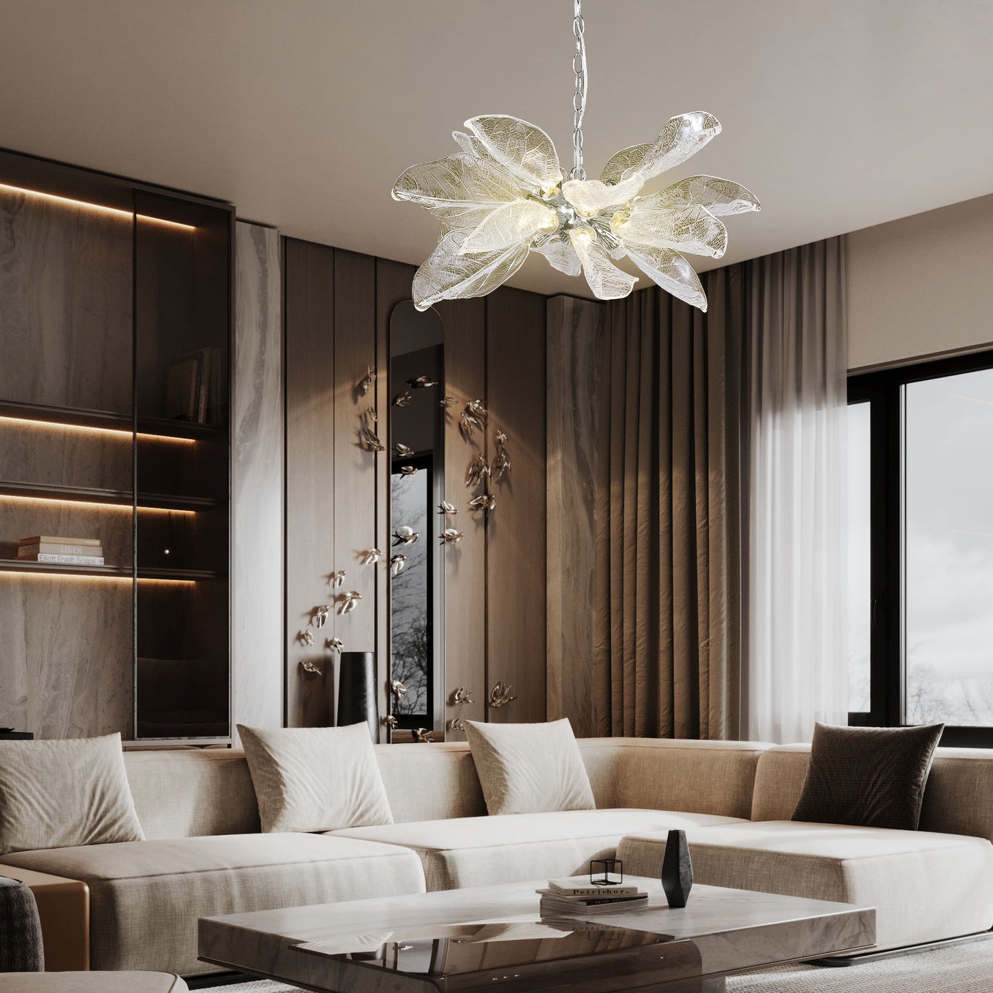 D23 in. 16-Light Silver Modern Chandelier, Crystal Leaf Chandelier for Bedroom, Dining Room, Living Room, Foyer