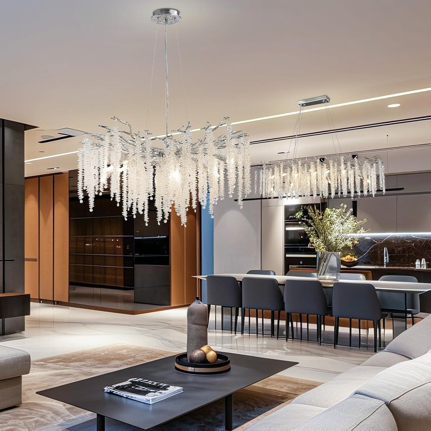 30 in. 10 Light Modern Crystal Chandelier,Silver Round Luxury Tree Branch Chandelier for Dining Room,Living Room,Bedroom
