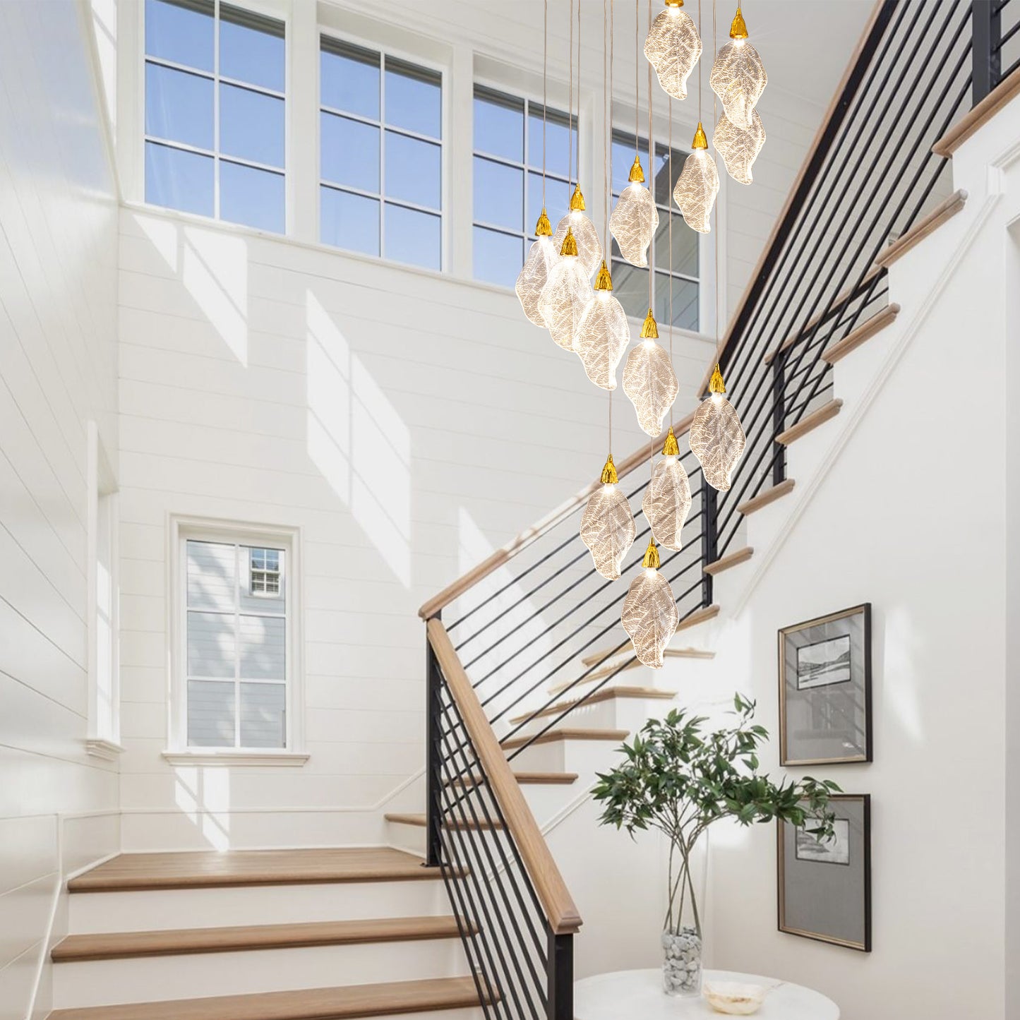 Modern 78 in. H 14-Light Integrated LED Gold Crystal Staircase Chandelier, Bionic Leaf High Ceiling LED Lighting Fixture