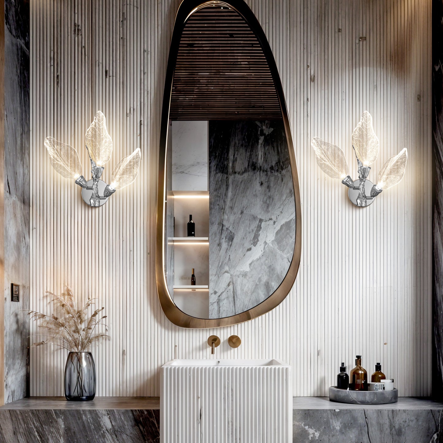 Modern 13.4 in. 3-Light Silver Bionic Leaf Wall Sconce LED Vanity Lighting Fixtures Bathroom Hallway Living Room Stair