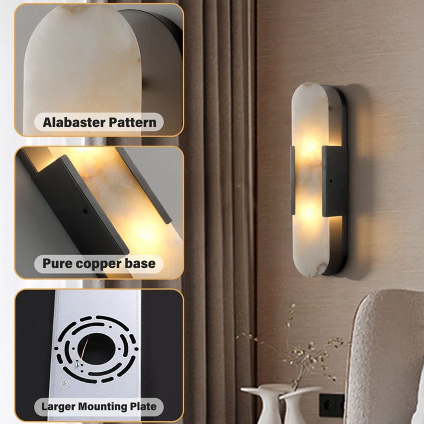 19.8 in. 2-Light Alabaster Black Wall Sconce, Natural Marble Wall Light for Living Room, Dining Room, Bedroom (2-Sets)