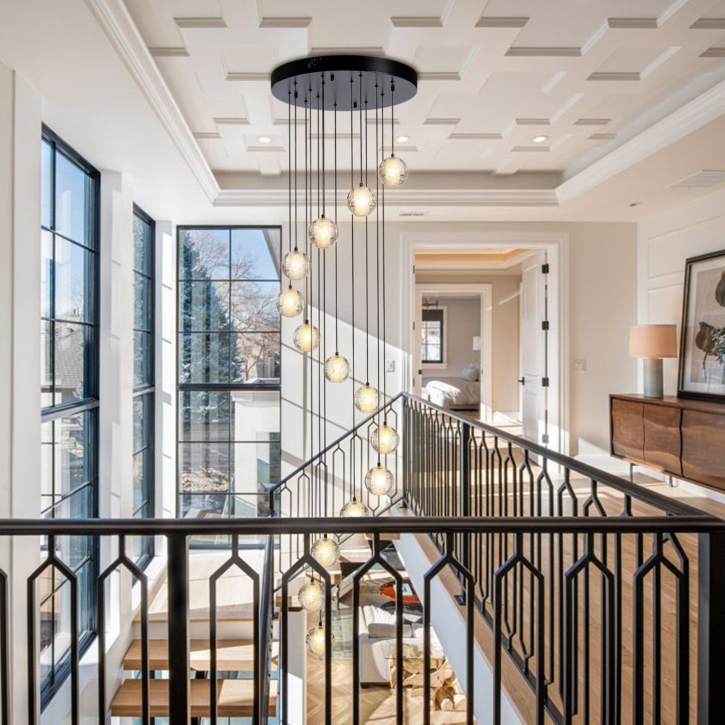 120 in. H 14-Light Black Staircase Chandelier Modern Pendant Light w/Glass Shade for High Ceiling Living Room EntryFoyer