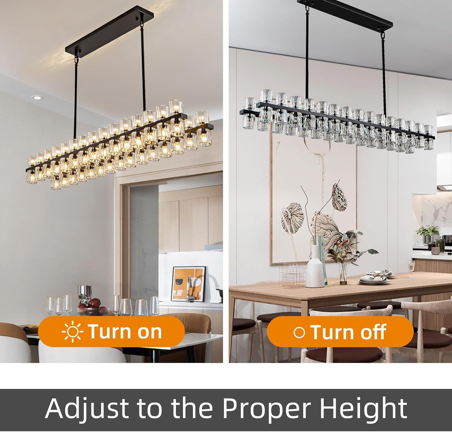 60-Light Black Rectangular Chandelier, 54 in. Modern K9 Crystal Chandelier for Dining Room, Living Room, Foyer