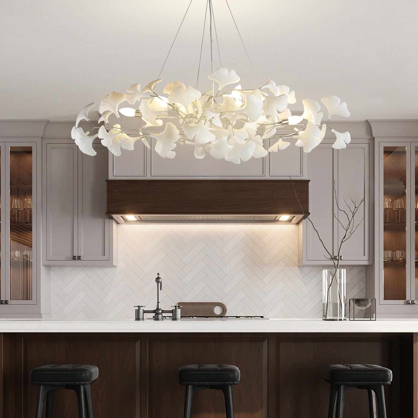6 Light Silver Chandelier, Luxury Ginkgo Branch Chandelier for Living Room, Dining Room, Foyer, Kitchen Island-L47 in.