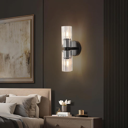 13 in. 2 Light Black Wall Sconce with K9 Crystal Lampshade, Luxury Wall Light for Bedroom, Dining Room, Living Room