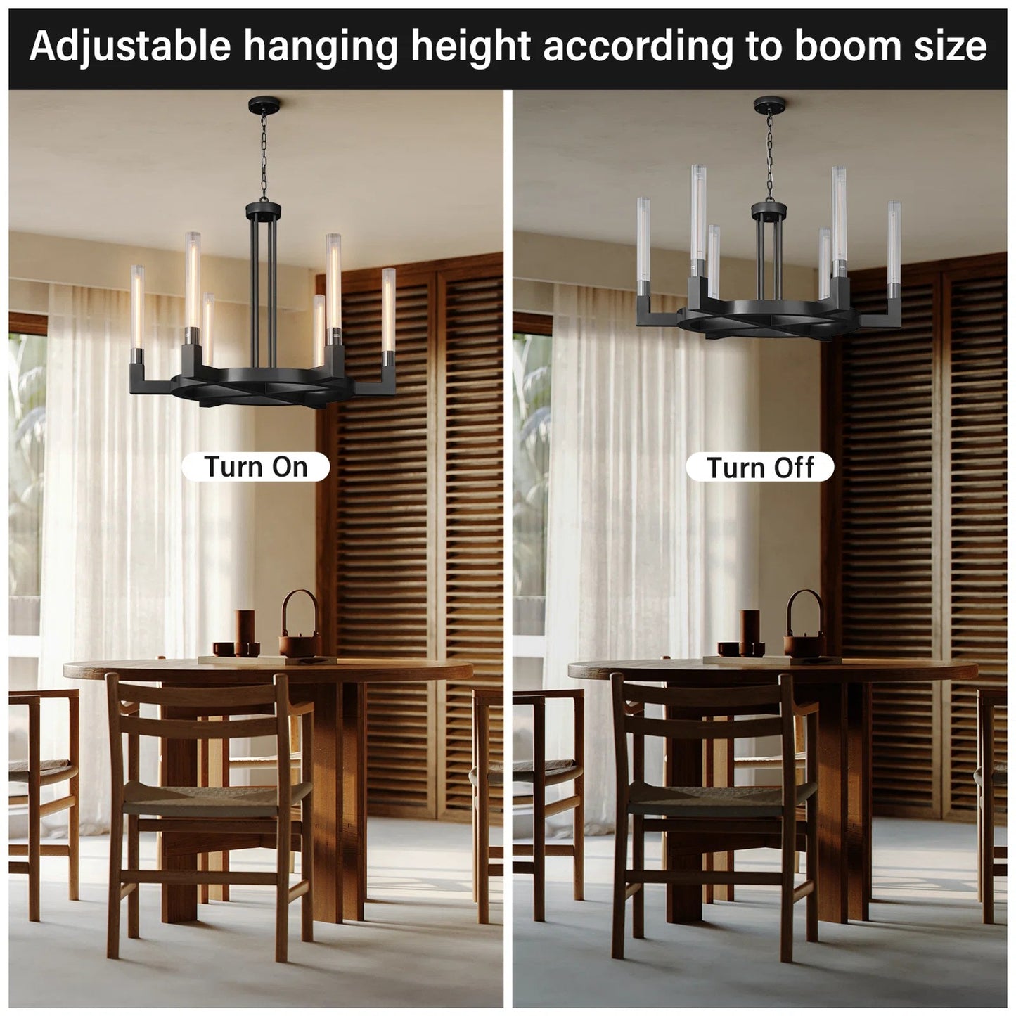 35 in. 6-Light Farmhouse Chandelier, Black Wagon Wheel Chandelier with Glass Tube for Dining Room, Living Room, Entryway