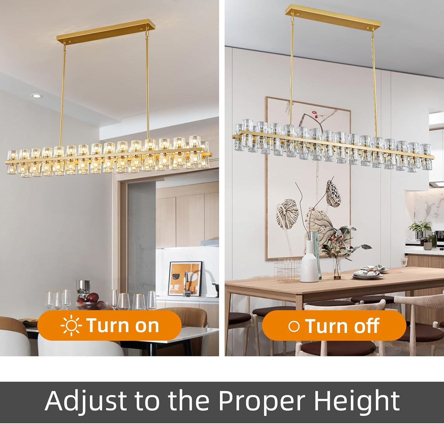 60-Light Gold Rectangular Chandelier, 54 in. Modern K9 Crystal Chandelier for Dining Room, Living Room, Foyer