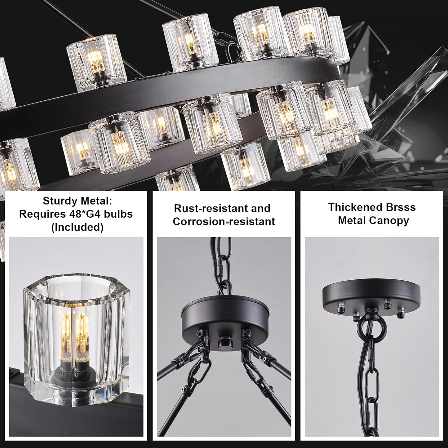 48-Light Black Round Chandelier, 48 in. Modern K9 Crystal Chandelier for Dining Room, Living Room, Foyer