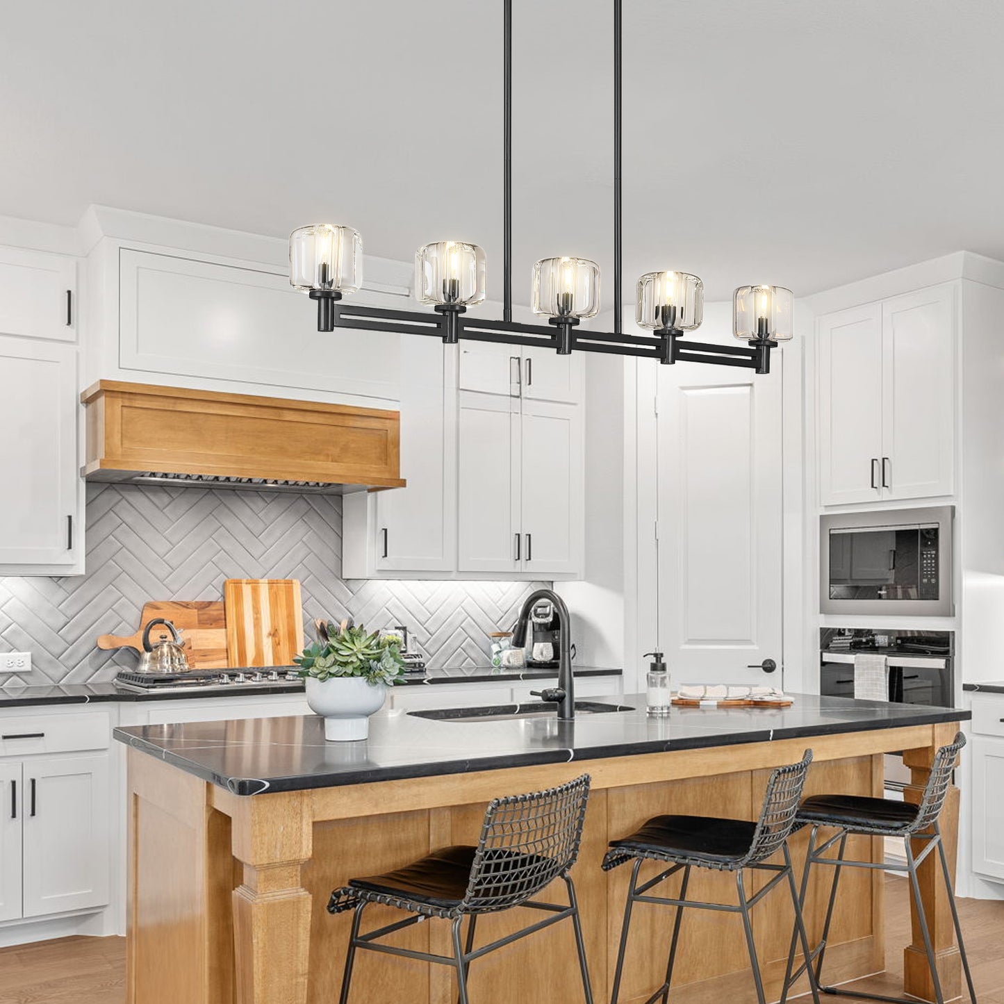 54 in. 5-Light Black Farmhouse Linear Chandelier with Crystal Lampshade for Dining Room, Living Room and Kitchen Island