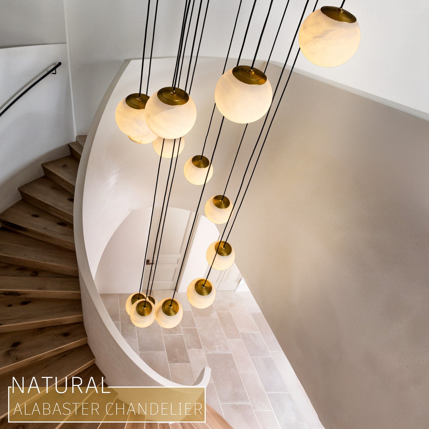 Modern 138 in. H 14-Light Gold Globe Staircase Chandelier, Natural Alabaster Chandelier for High Ceiling, Foyer, Entry