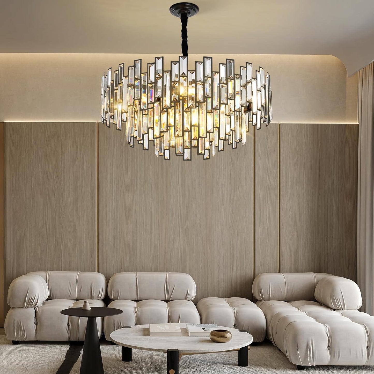 24 in. Modern Chandelier 10-Light 3-Tier Black Round K9 Crystal Chandelier for Dining Room, Living Room Entryway & Foyer