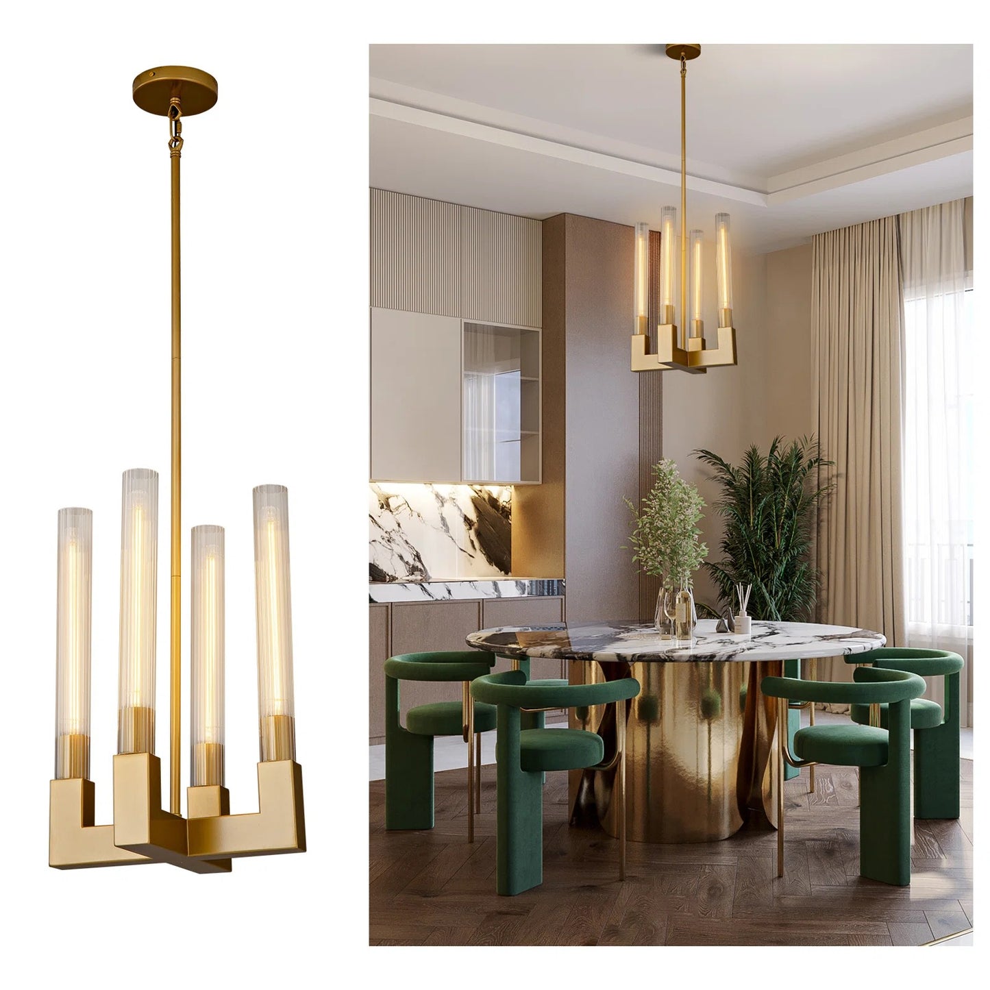 Luxury Pendant Light 12.6 in. 4-Light Gold Modern Candle Style Chandelier with Glass Tube Dinning Room Kitchen Island