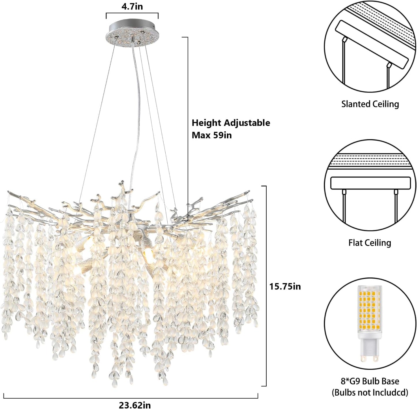24" 8-Light Modern Crystal Chandelier Silver Tree Branch Round Chandelier for Dining Room Living Room Bedroom, Entryway