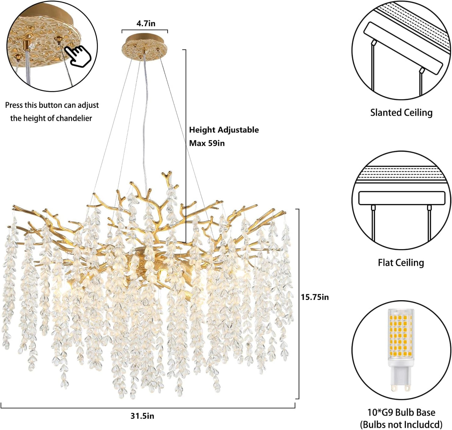 24" 8-Light Modern Crystal Chandelier, Gold Tree Branch Round Chandelier for Dining Room, Living Room, Bedroom, Entryway