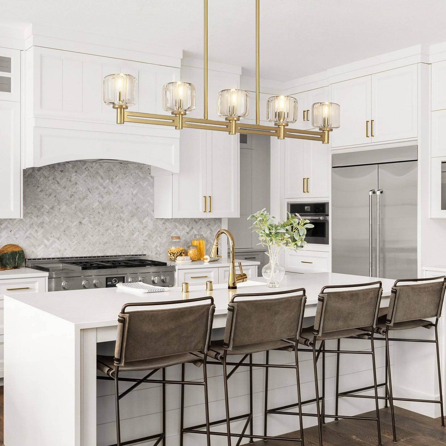 54 in. 5-Light Gold Farmhouse Linear Chandelier with Crystal Lampshade for Dining Room, Living Room and Kitchen Island