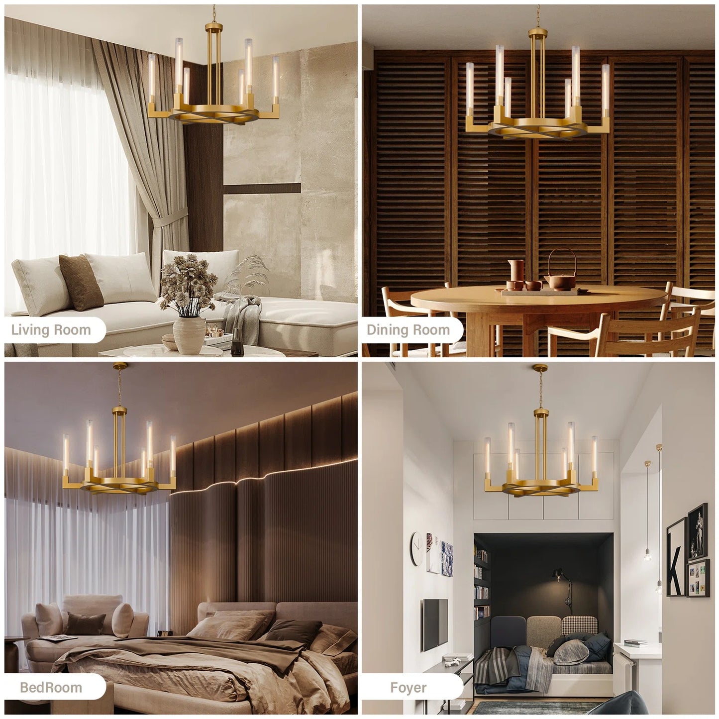 35 in. 6-Light Farmhouse Chandelier, Gold Wagon Wheel Chandelier with Glass Tube for Dining Room, Living Room, Entryway