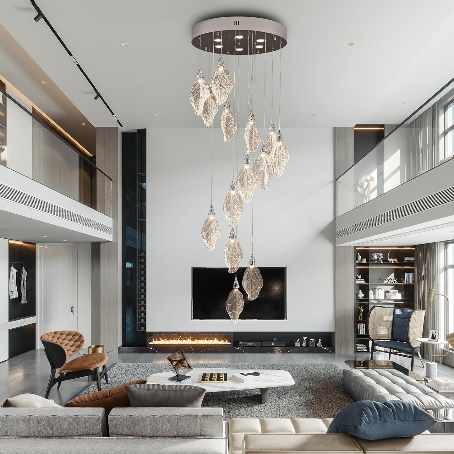 Modern 78 in. H 14Light Integrated LED Silver Crystal Staircase Chandelier Bionic Leaf High Ceiling LED Lighting Fixture