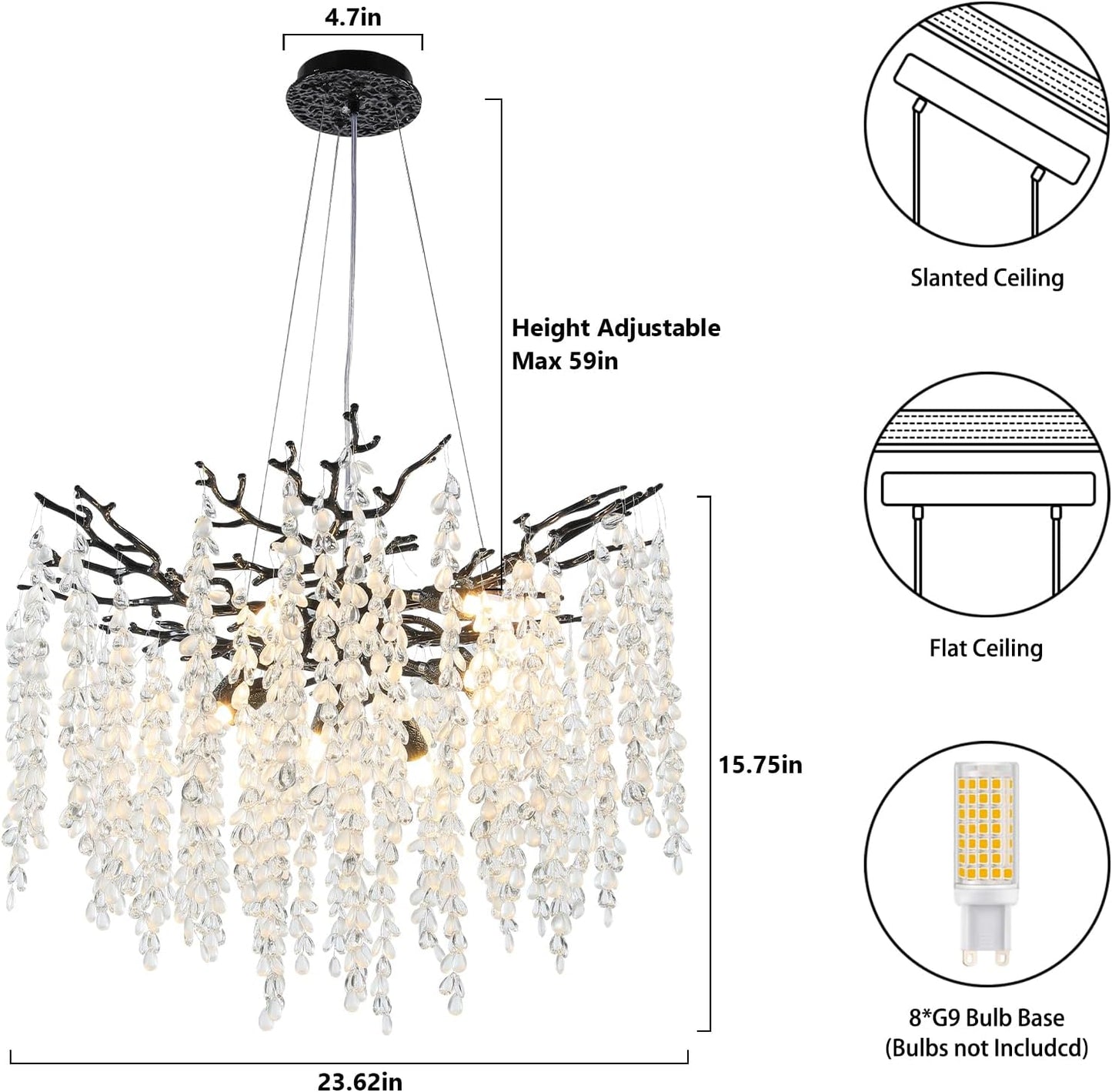 24" 8-Light Modern Crystal Chandelier Black Tree Branch Round Chandelier for Dining Room, Living Room, Bedroom, Entryway