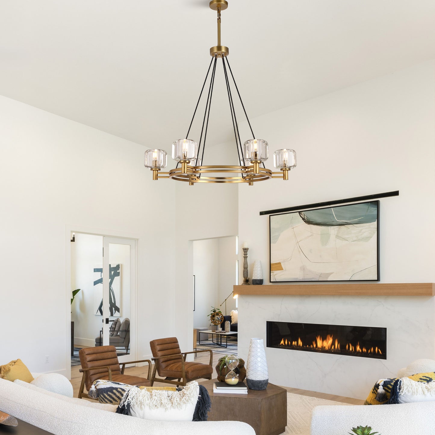 36 in. 6-Light Gold Farmhouse Wagon Wheel Chandelier with Crystal Lampshade for Dining Room, Living Room, Kitchen Island