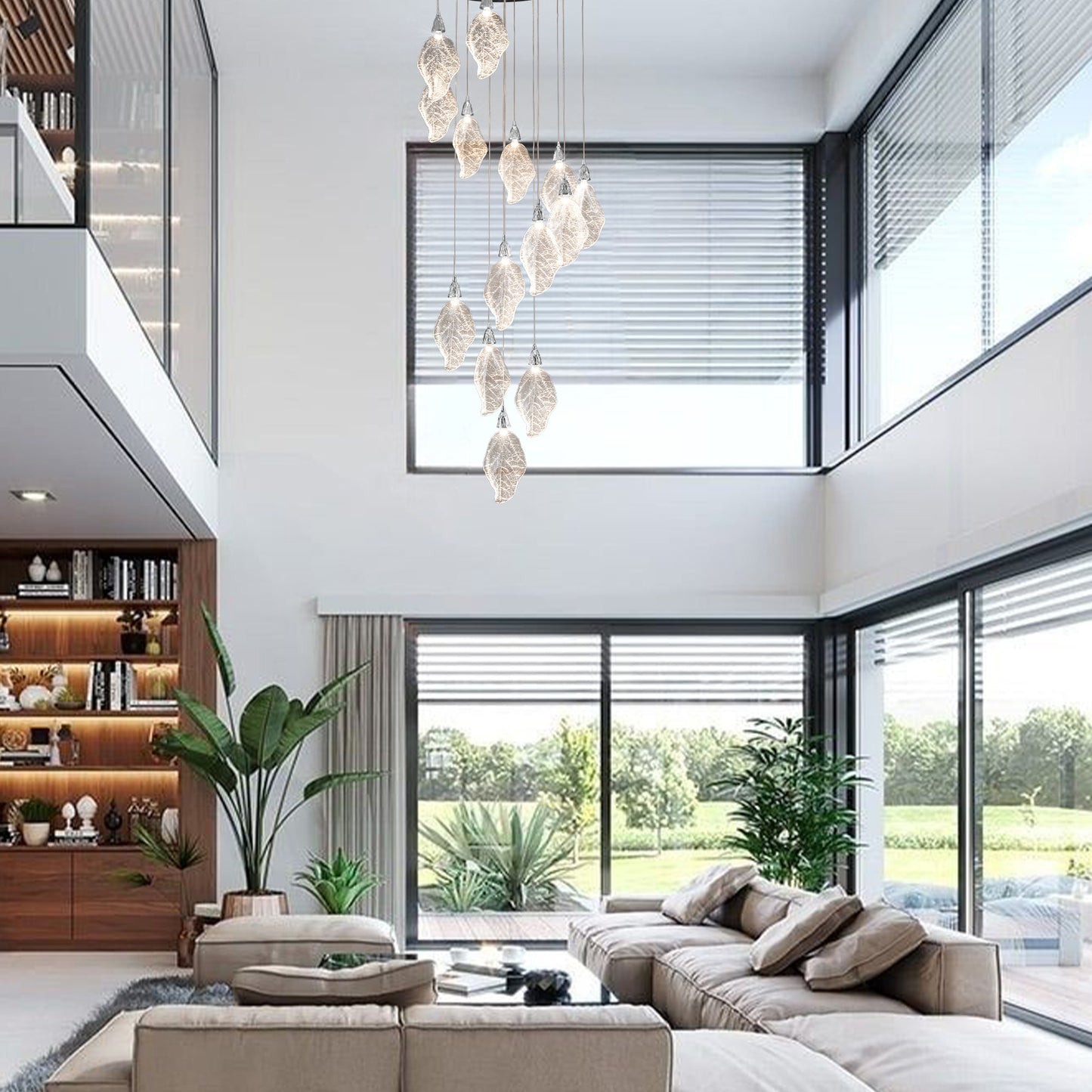 Modern 78 in. H 14Light Integrated LED Silver Crystal Staircase Chandelier Bionic Leaf High Ceiling LED Lighting Fixture