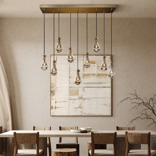 9-Light Gold Raindrop Chandelier, Modern Glass Pendant Light for Living Room, Kitchen Island, Bulb Included