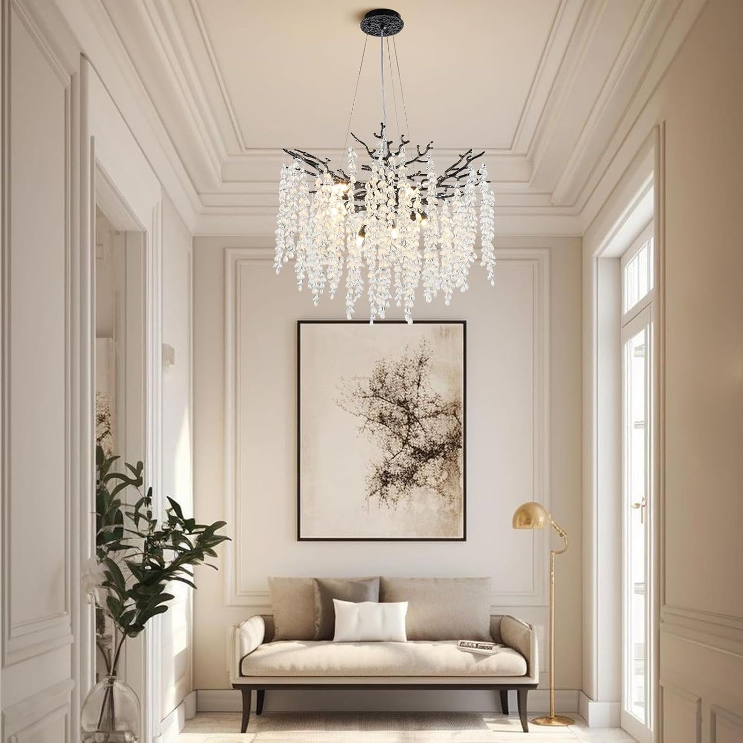 24" 8-Light Modern Crystal Chandelier Black Tree Branch Round Chandelier for Dining Room, Living Room, Bedroom, Entryway