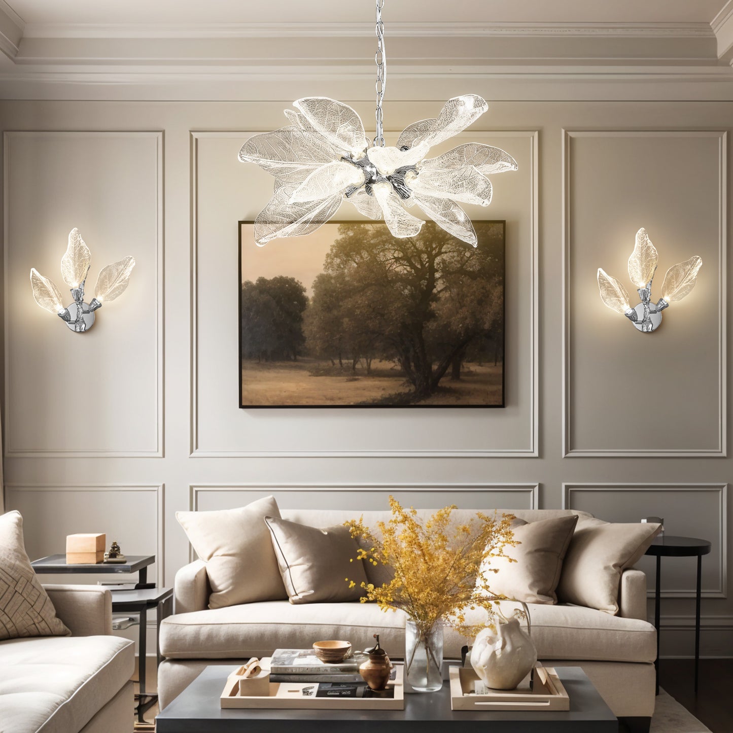 Modern 13.4 in. 3-Light Silver Bionic Leaf Wall Sconce LED Vanity Lighting Fixtures Bathroom Hallway Living Room Stair